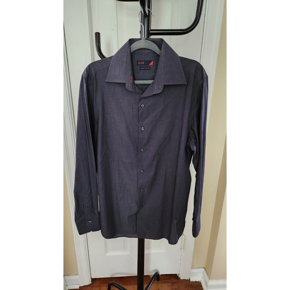 BriO Men's Dress Shirt Dark Grey Size L (16.5/17) Long Sleeve Pure Cotton